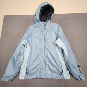 Columbia Jacket Womens XL Light Blue Omni-Tech Waterproof Hooded Packable Rain